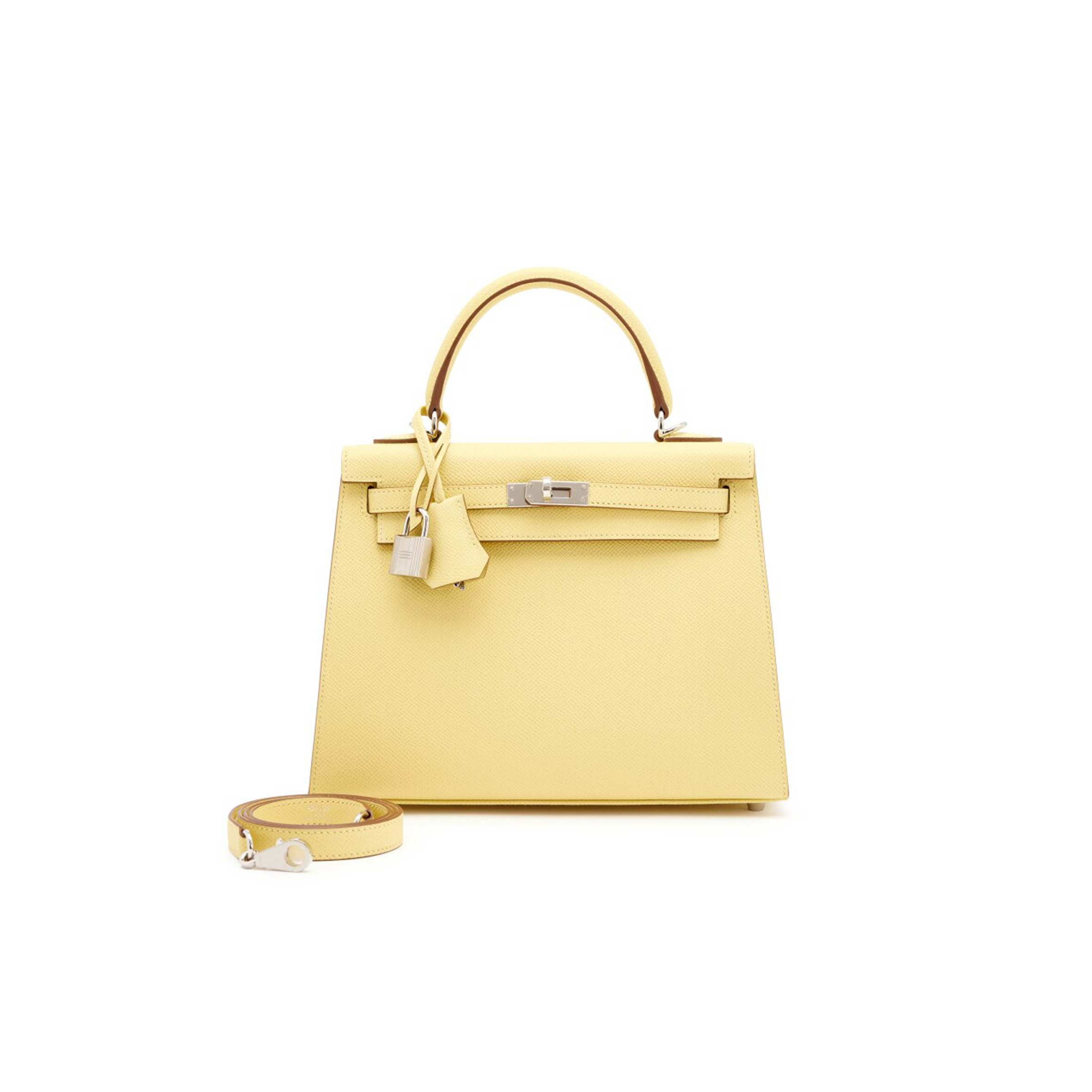 HERMÈS JAUNE POUSSIN EPSOM SELLIER KELLY 25 PALLADIUM HARDWARE (25*17*7cm) 